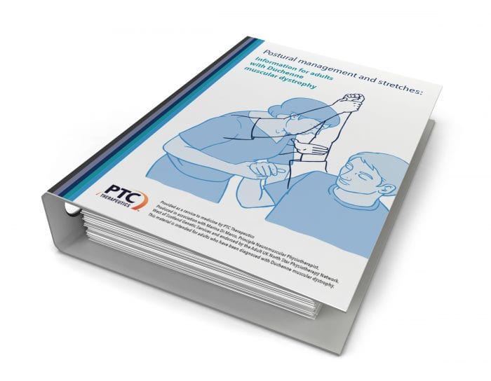 Packs containing information on postural management and stretches for adults with DMD.