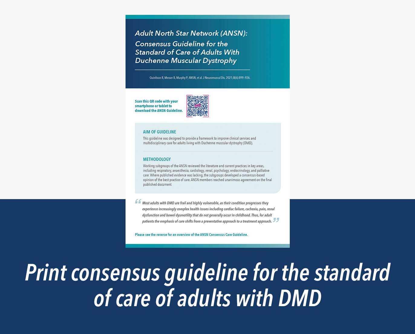 Image showing the front cover of the print consensus guidelines for the standard of care of adults with DMD booklet